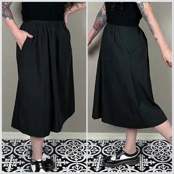 Vintage 1970s Black High Waisted A-Line Midi Skirt With Pockets - Picture 3 of 7